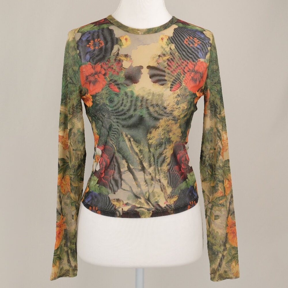 Alice + Olivia Delaina Floral Forest Print Mesh Long Sleeve Top, Green/Red,Small